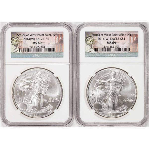 Lot of (2) 2014-(W) $1 American Silver Eagle Coins NGC MS69