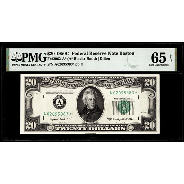 1950C $20 Federal Reserve STAR Note Boston Fr.2062-A* PMG Gem Uncirculated 65EPQ