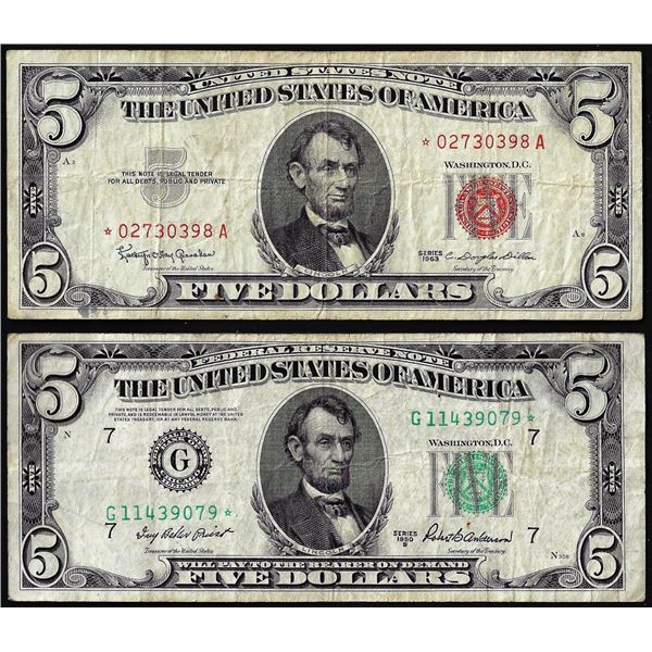 Lot of 1950B $5 Federal Reserve Star & 1963 $5 Legal Tender Star Notes