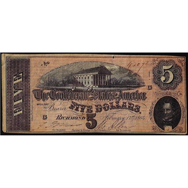 1864 $5 Confederate States of America Note