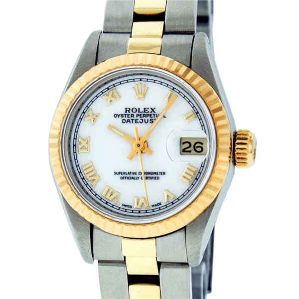 Rolex Ladies Two Tone White Roman Datejust Wristwatch