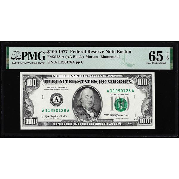 1977 $100 Federal Reserve Note Boston Fr.2168-A PMG Gem Uncirculated 65EPQ