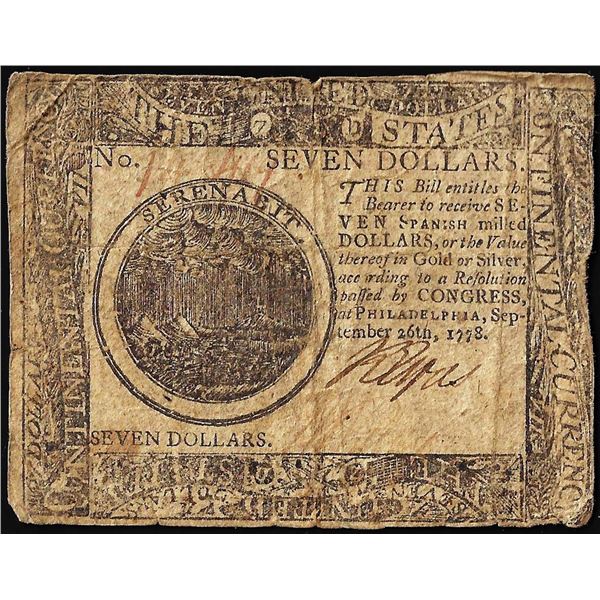 September 26, 1778 $7 Continental Currency Note