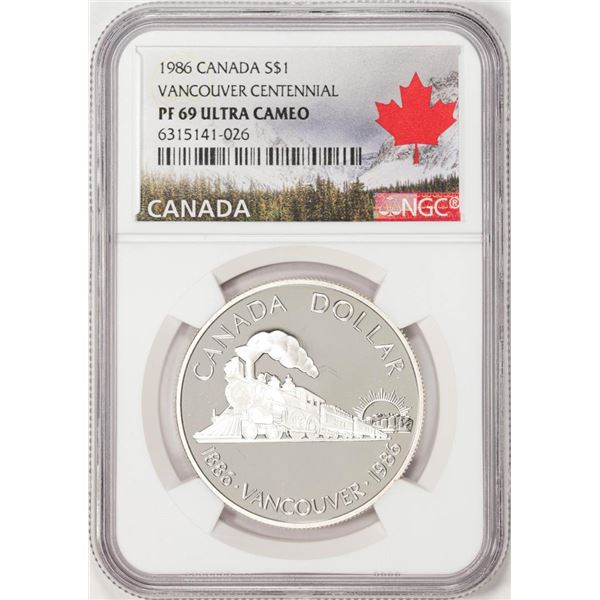 1986 Proof Canada $1 Vancouver Centennial Silver Dollar Coin NGC PF69 Ultra Cameo