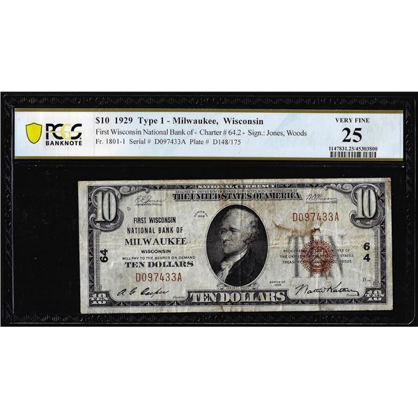 1929 $10 First Wisconsin NB Milwaukee, WI National Note CH# 64 PCGS Very Fine 25