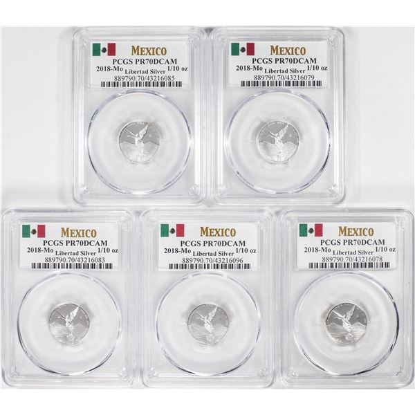 Lot of (5) 2018-Mo Mexico Proof 1/10 oz Silver Libertad Coins PCGS PR70DCAM