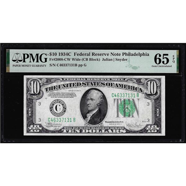 1934C $10 Federal Reserve Note Philadelphia Fr.2008-CW PMG Gem Uncirculated 65EPQ