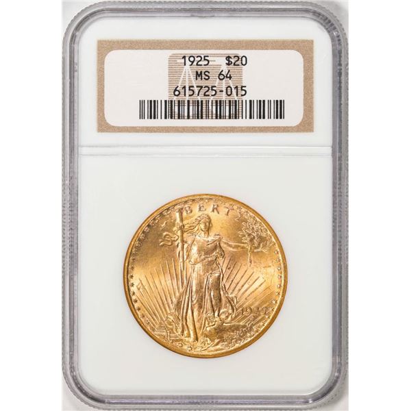 1925 $20 St. Gaudens Double Eagle Gold Coin NGC MS64