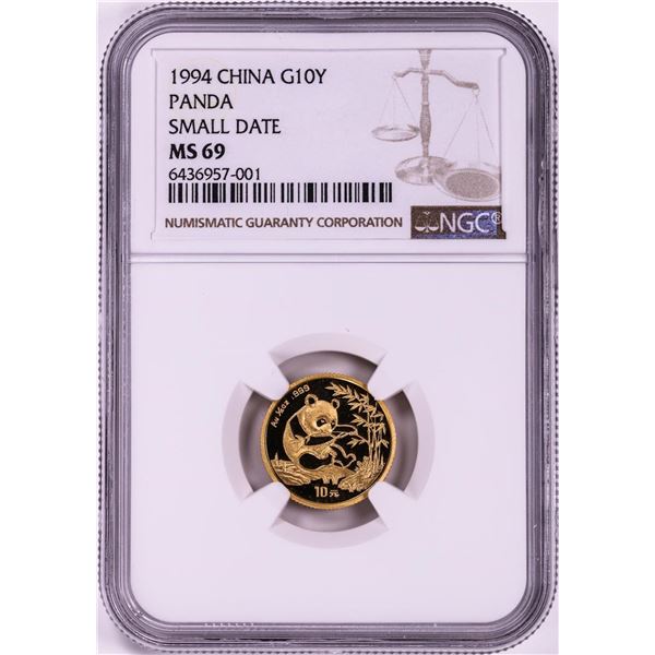 1994 Small Date China 10 Yuan Panda 1/10 oz. Gold Coin NGC MS69