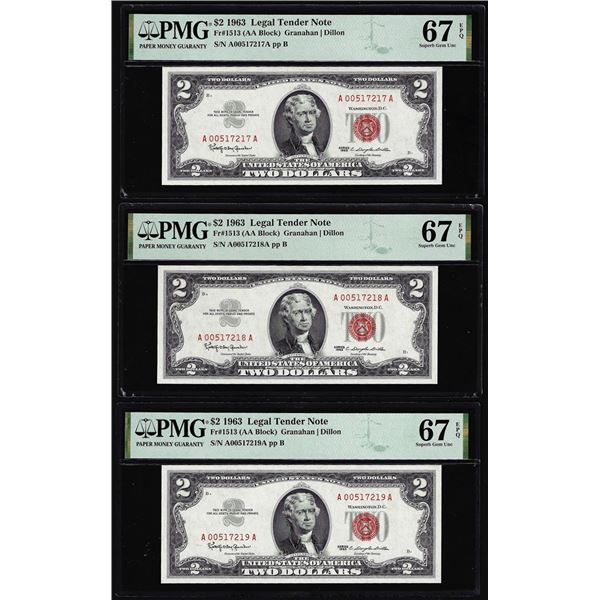 (3) Consecutive 1963 $2 Legal Tender Notes Fr.1513 PMG Superb Gem Uncirculated 67EPQ