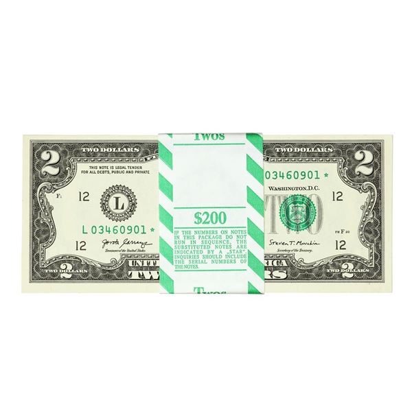 Pack of (100) Consecutive 2017A $2 Federal Reserve Star Notes San Francisco