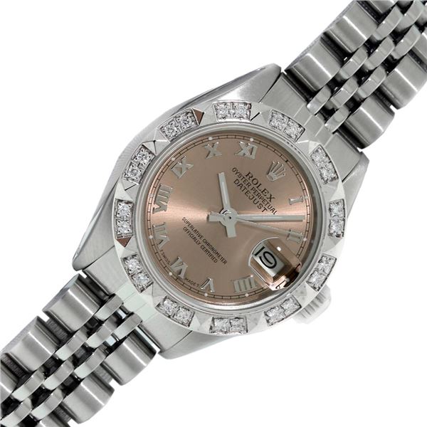 Rolex Ladies Stainless Steel Salmon Roman Pyramid Diamond Datejust Wristwatch