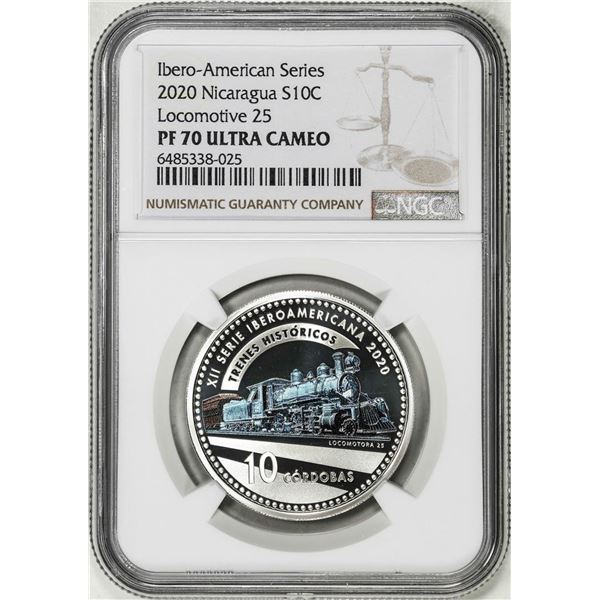 2020 Nicaragua 10 Cordobas Locomotive 25 Trains Silver Coin NGC PF70 Ultra Cameo