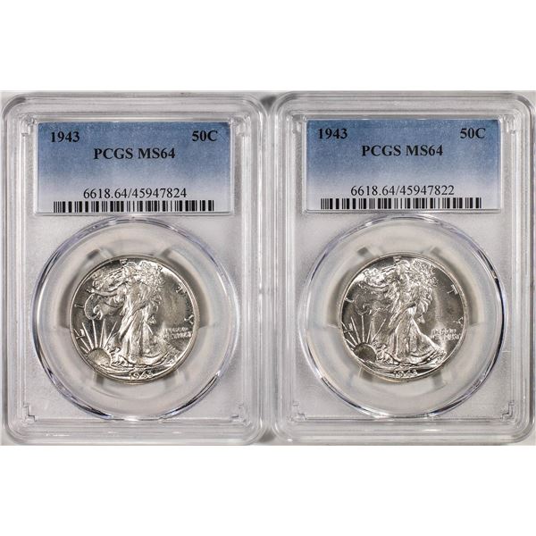 Lot of (2) 1943 Walking Liberty Half Dollar Coins PCGS MS64
