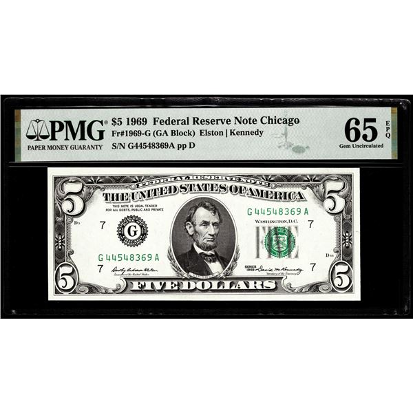 1969 $5 Federal Reserve Note Chicago Fr.1969-G PMG Gem Uncirculated 65EPQ