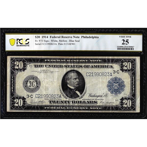 1914 $20 Federal Reserve Note Philadelphia Fr.975 PCGS Very Fine 25