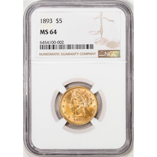 1893 $5 Liberty Head Half Eagle Gold Coin NGC MS64