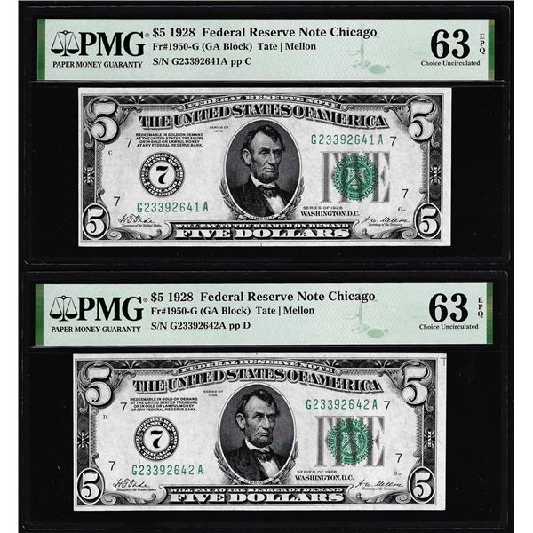 (2) Consecutive 1928 $5 Federal Reserve Notes Fr.1950-G PMG Choice Uncirculated 63EPQ