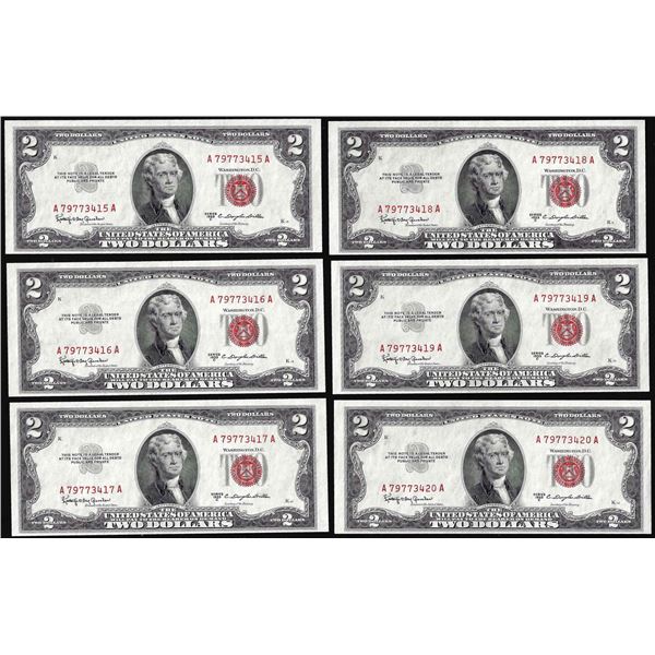Lot of (6) Consecutive 1953C $2 Legal Tender Notes Uncirculated