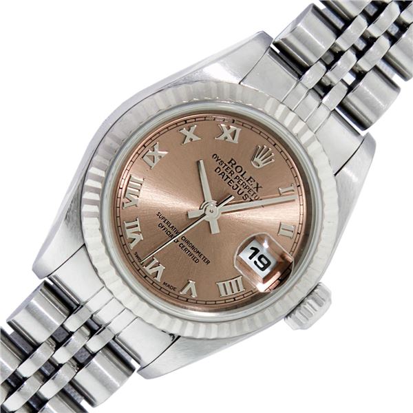Rolex Ladies Stainless Steel Salmon Roman Datejust Wristwatch