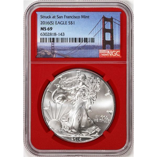 2016-(S) $1 American Silver Eagle Coin NGC MS69 Struck at San Francisco Red Core