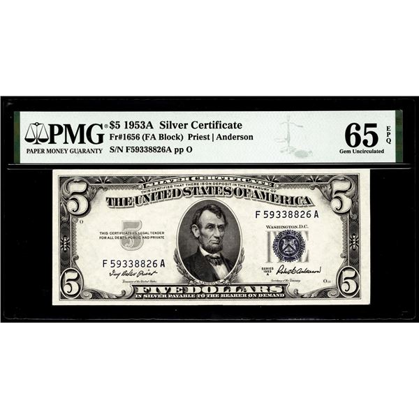 1953A $5 Silver Certificate Note Fr.1656 PMG Gem Uncirculated 65EPQ