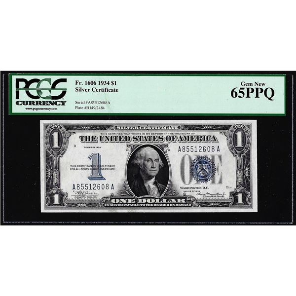 1934 $1 Funnyback Silver Certificate Note FR.1606 PCGS Gem New 65PPQ