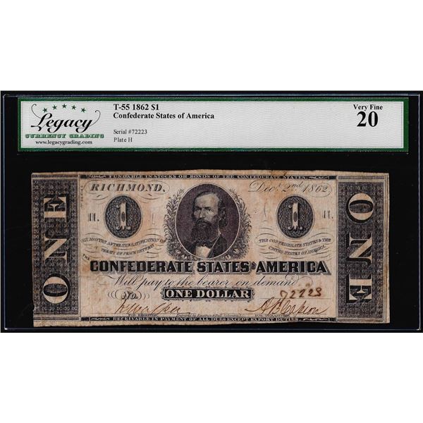 1862 $1 Confederate States of America Note T-55 Legacy Very Fine 20