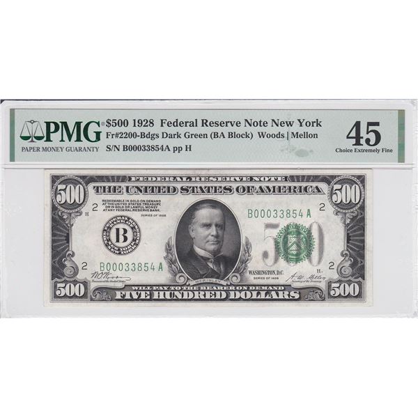 $500 1928 Federal Reserve Note New York PMG 45 Choice Extremely Fine
