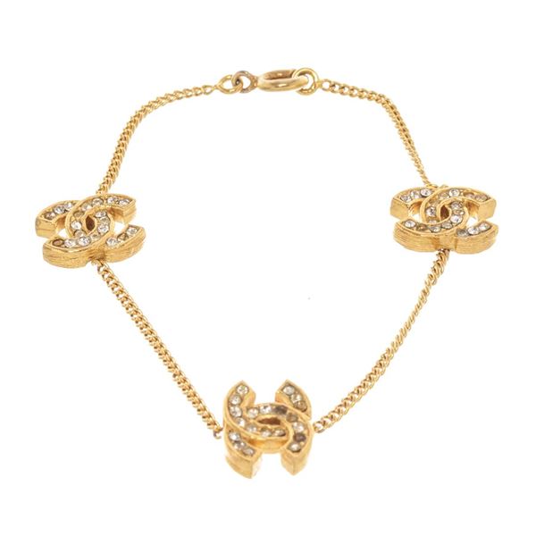 Chanel Gold Plated Brass CC Rhinestone Charm Bracelet