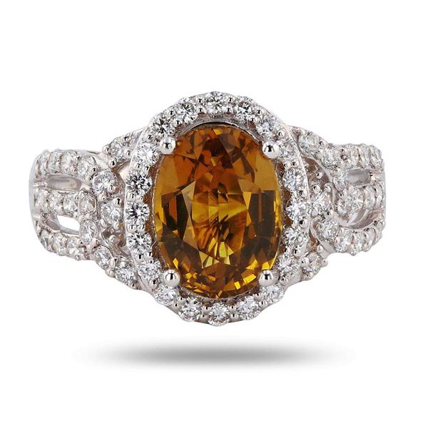 3.17 ctw UNHEATED Yellow-Green Sapphire and 0.64 ctw Diamond Platinum Ring (GIA