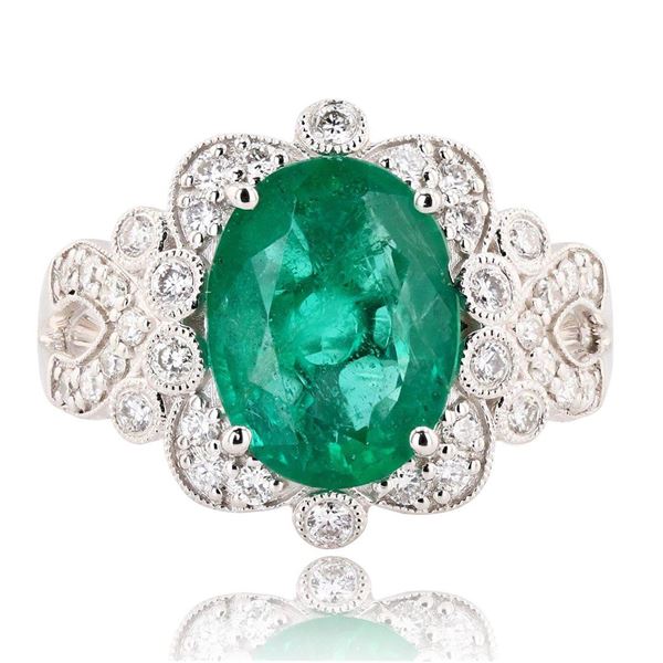3.12 ctw Emerald and 0.48 ctw Diamond Platinum Ring
