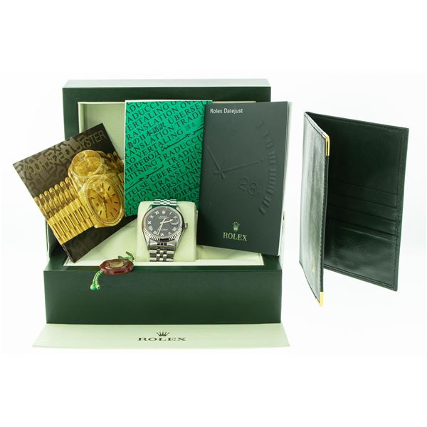 Rolex Mens Stainless Steel Black Roman 36MM Datejust Wristwatch With Box