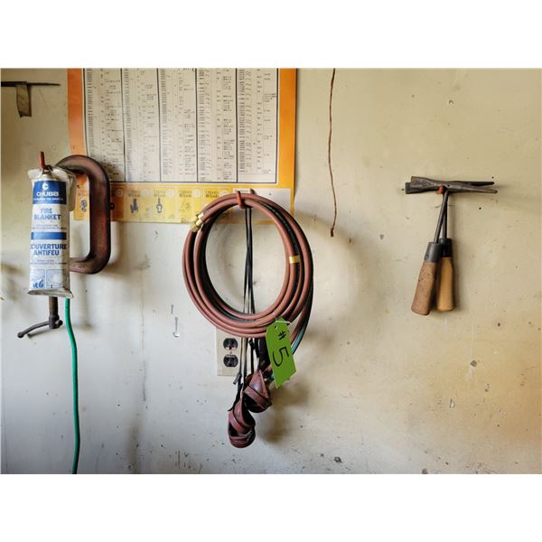 Air hose, welding goggles, 2- chipping hammers, fire blanket and misc.