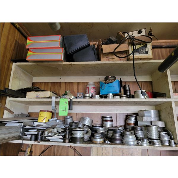 Contents on Shelf; Misc. alum, sawblades, speakers etc.