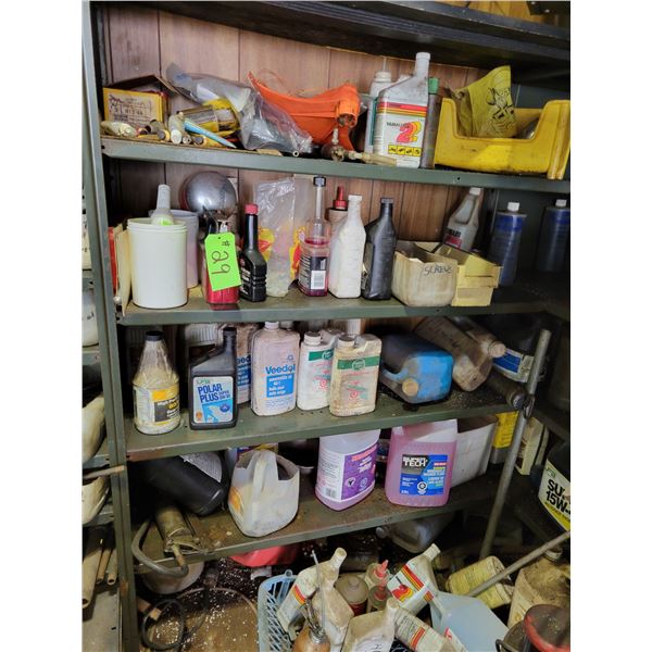 Metal shelf unit c/w qty of oils, fluids etc. (Bring your own help to load & bring totes boxes or pa