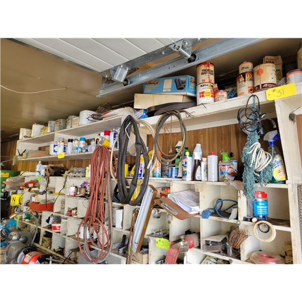 Contents on shelf; qty of paints, coatings, cleaners, glue, misc. small parts, gauges, propane, spri
