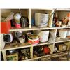 Image 6 : Contents on shelf; qty of paints, coatings, cleaners, glue, misc. small parts, gauges, propane, spri