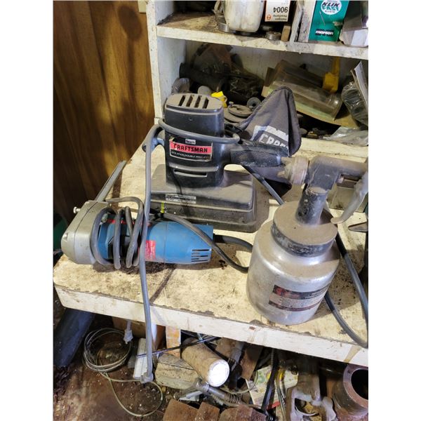 3-way spray gun, Bosch 115V foam saw & Craftsman Dual action pad sander