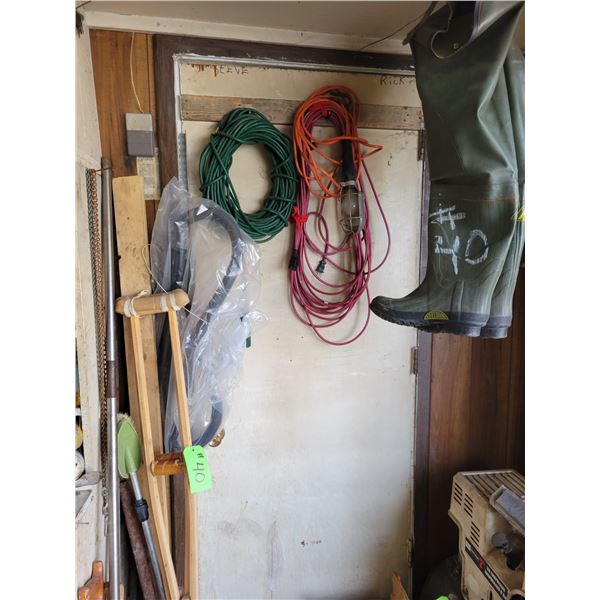 Crutches, hip waders-size 8, cords etc.