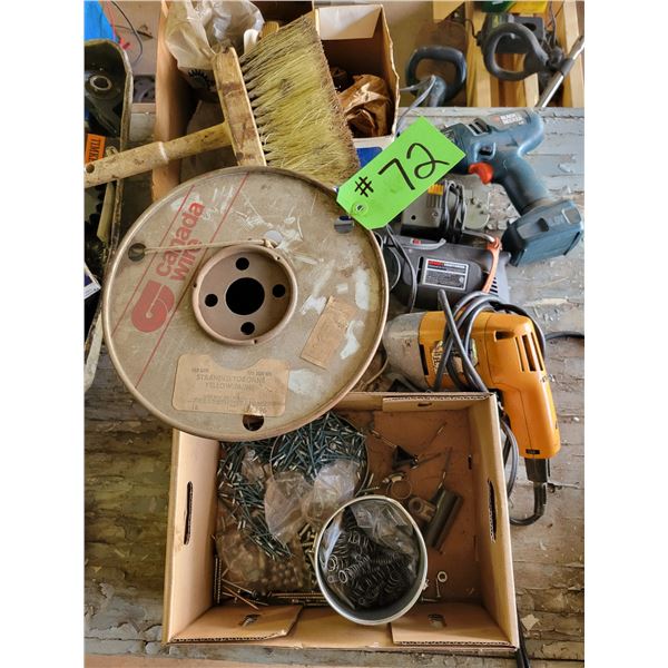 OMC Outboard engine parts, spool of nylon cords, and misc., 2- elec. Drills and 1- batt