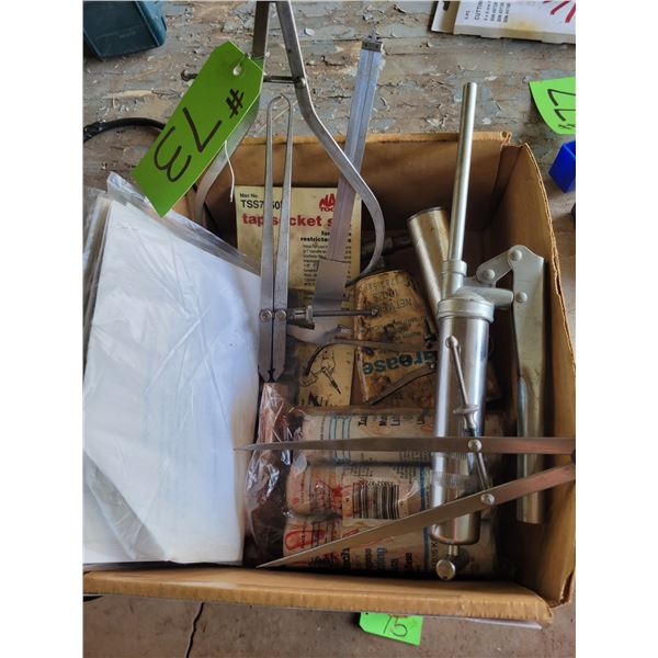 Qty of small grease guns, tap socket set (New) &  4- inside/outside mics