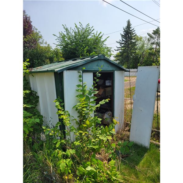 Garden Shed 5' x 6',  c/w gardening contents and some misc. Motorhome engine parts