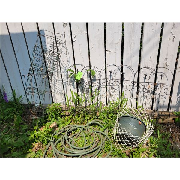 Qty tomato cages, garden fencing, hose, etc.