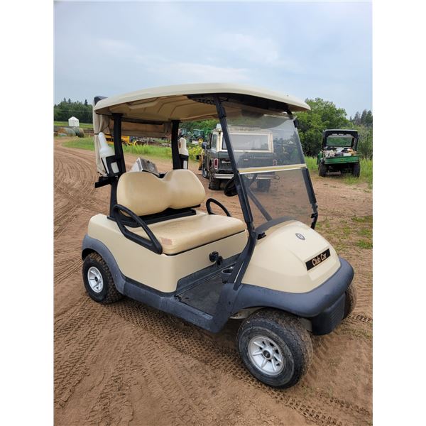 Club Car Golf cart c/w fresh batteries, windshield, charger & 2- Extra Tires, # not legible. Nice Co