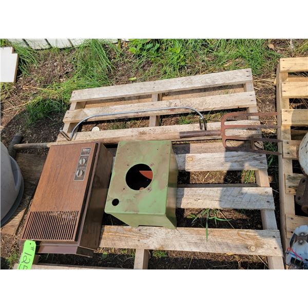 Edison elec. Space heater, Pitch fork, Fluid tank of lathe and stainless steel bar