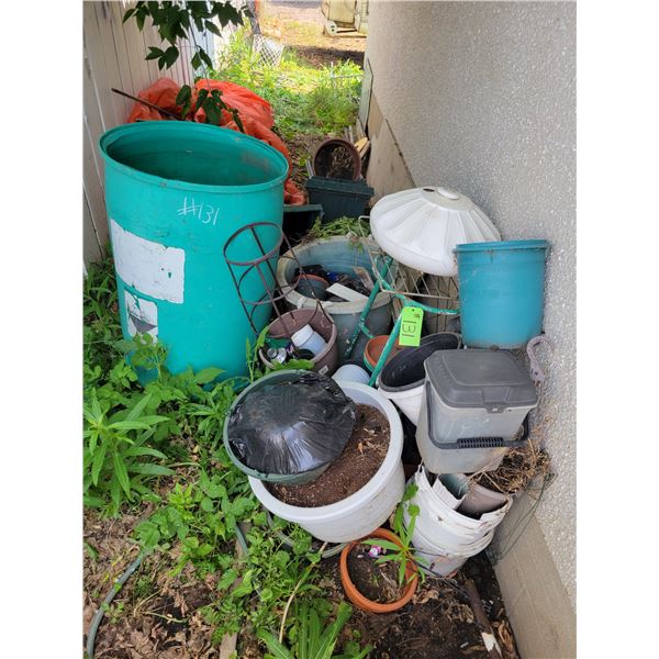 Misc. garden and yard supplies: rain barrel, pots etc.