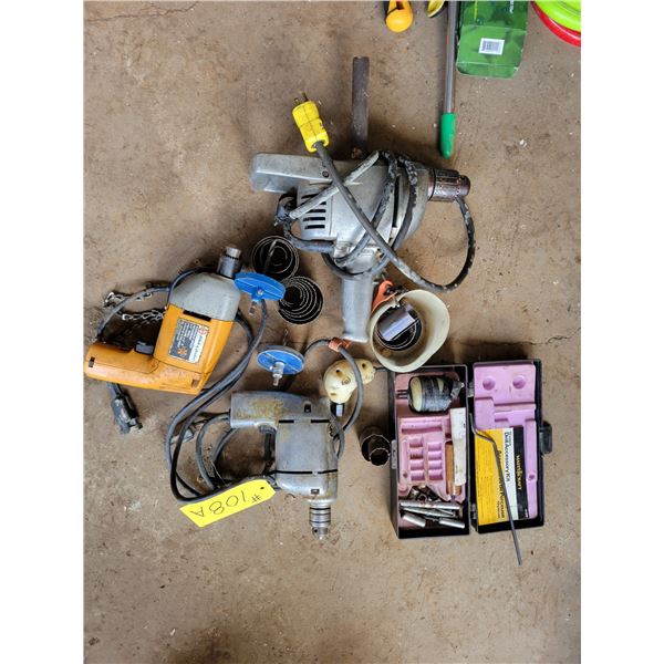 Sear 1/4" elec. Drill, B&D 3/8" variable speed drill & Blue point 1/2" drill and misc. ho