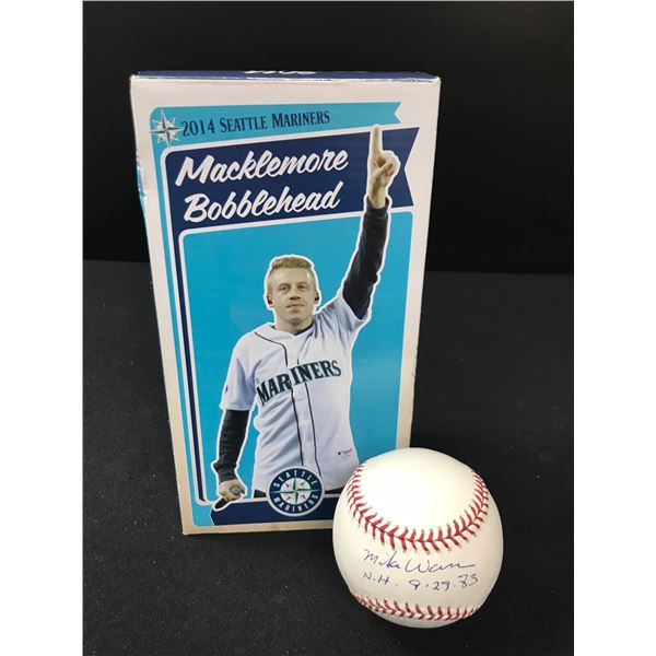 MACKLEMORE BOBBLEHEAD AND SIGNED MIKE WARREN BASEBALL