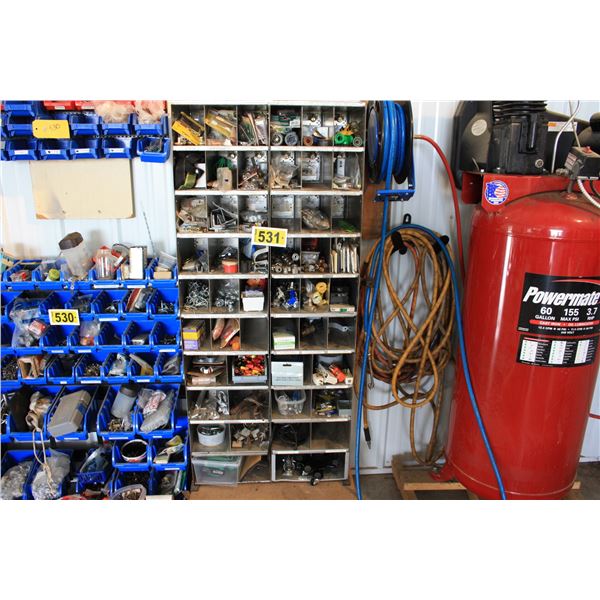 metal bolt bins with contents and wood base